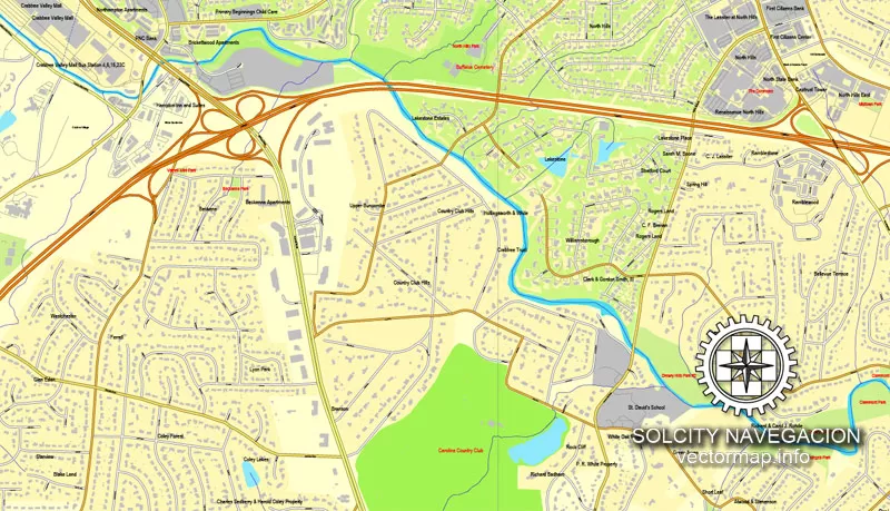 Vector map Raleigh, Chapel Hill, Durham, North Carolina, US printable vector street City Plan map, full editable, Adobe Illustrator