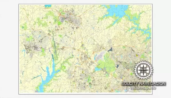 Vector map Raleigh, Chapel Hill, Durham, North Carolina, US printable vector street City Plan map, full editable, Adobe Illustrator