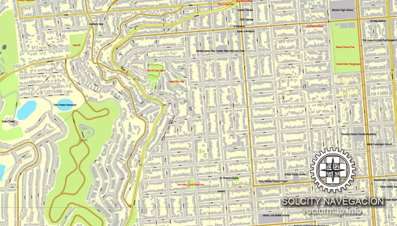Map vector San Francisco, California, US printable vector street City Plan map, full editable, Adobe Illustrator