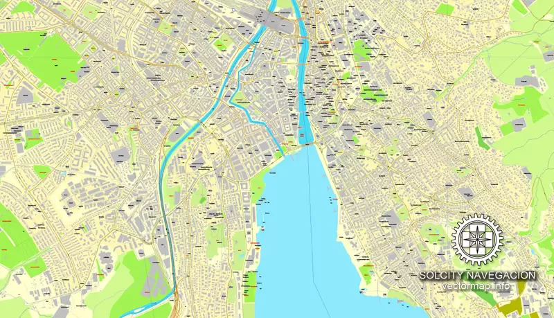 Map Zurich, Switzerland printable vector street full City Plan map, full editable, Adobe Illustrator