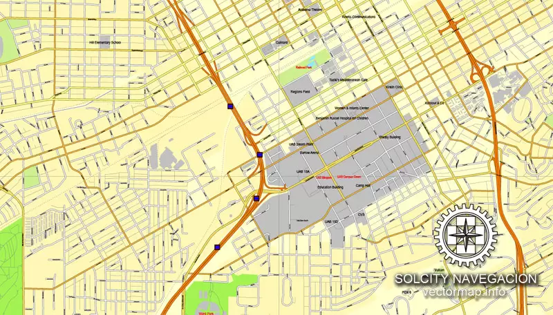 Map vector Birmingham, Alabama, US printable vector street City Plan map, full editable, Adobe Illustrator Map for design, print, arts, projects, presentations, for architects, designers and builders.