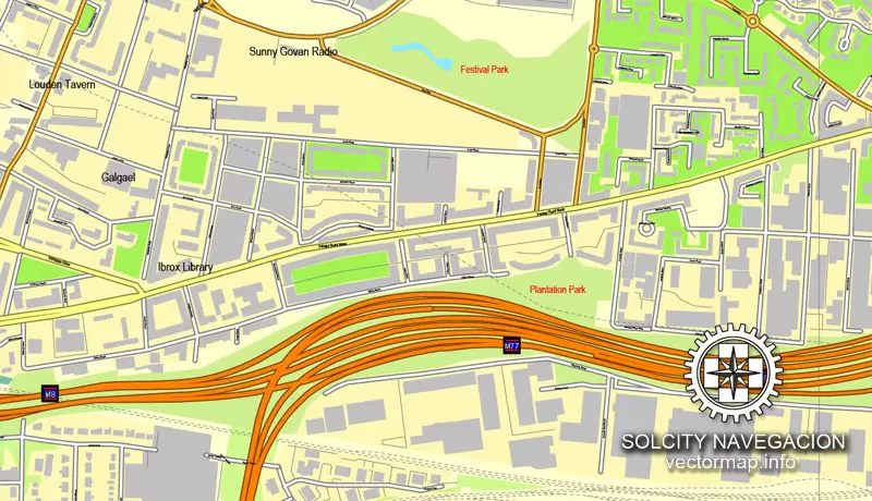 Glasgow, Scotland, UK Great Britain, printable vector street City Plan map, full editable, Adobe Illustrator
