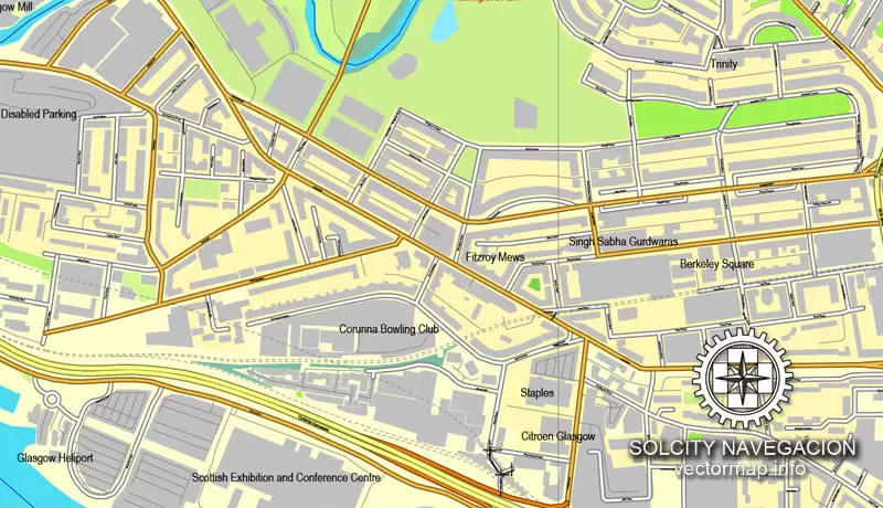 Glasgow, Scotland, UK Great Britain, printable vector street City Plan map, full editable, Adobe Illustrator