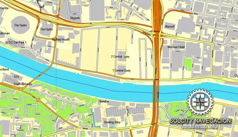 Glasgow, Scotland, UK Great Britain, printable vector street City Plan map, full editable, Adobe Illustrator