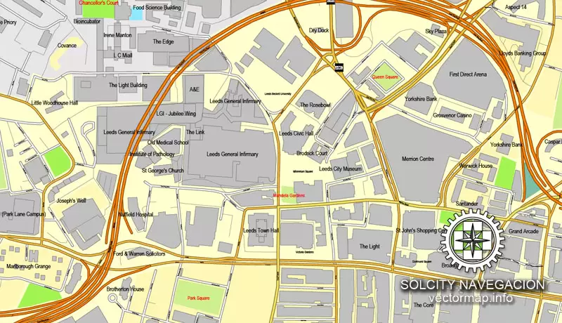 Leeds, UK Great Britain, printable vector street City Plan map, full editable, Adobe Illustrator