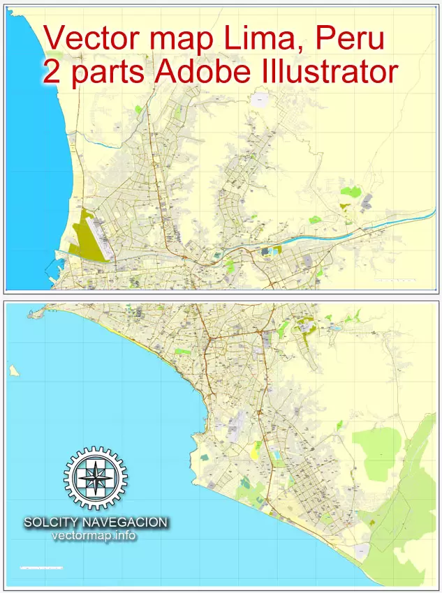 Map vector Lima, Peru, 2 part map, printable vector street City Plan map, full editable, Adobe illustrator Map for design, print, arts, projects, presentations, for architects, designers and builders