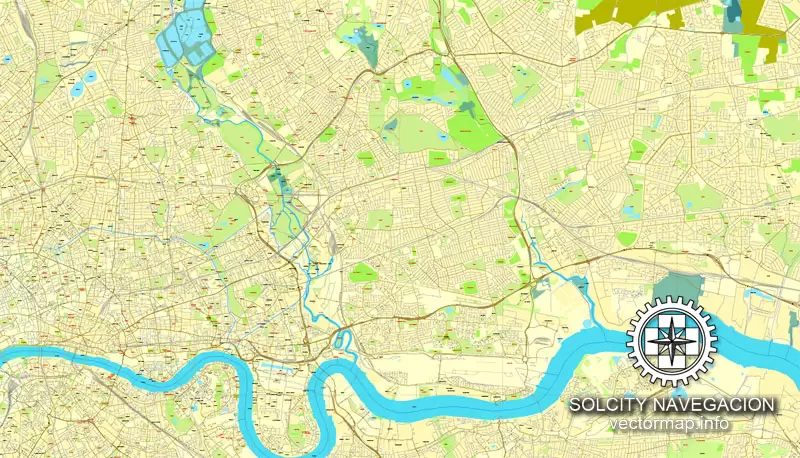 Map London, vector England UK Great Britain, printable vector street City Plan map in 4 parts, full editable, Adobe Illustrator