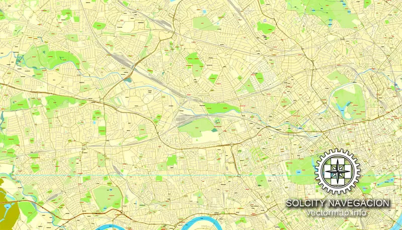 Map London, vector England UK Great Britain, printable vector street City Plan map in 4 parts, full editable, Adobe Illustrator