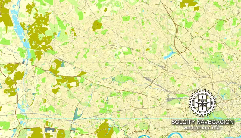 Map London, vector England UK Great Britain, printable vector street City Plan map in 4 parts, full editable, Adobe Illustrator