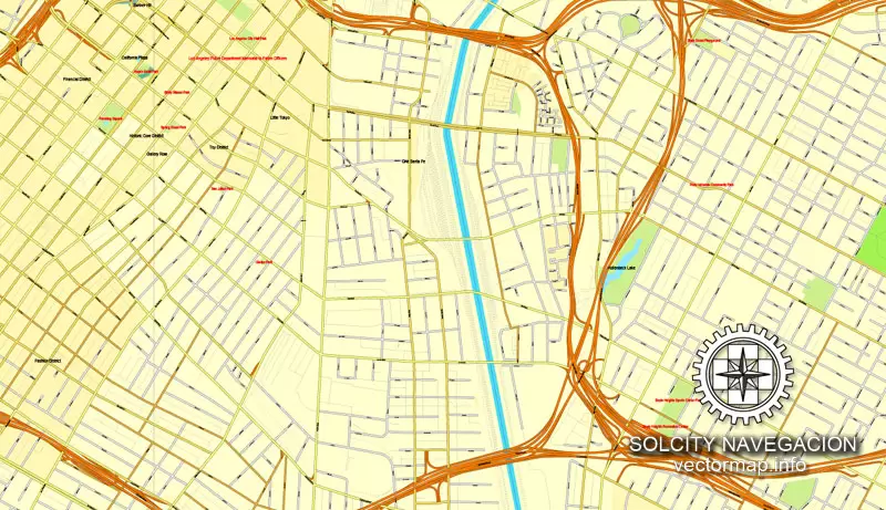 Map vector Los Angeles Grande Map, California US printable vector street City Plan 4 parts map, full editable, Adobe Illustrator Map for design, print, arts, projects, presentations, for architects, designers and builders