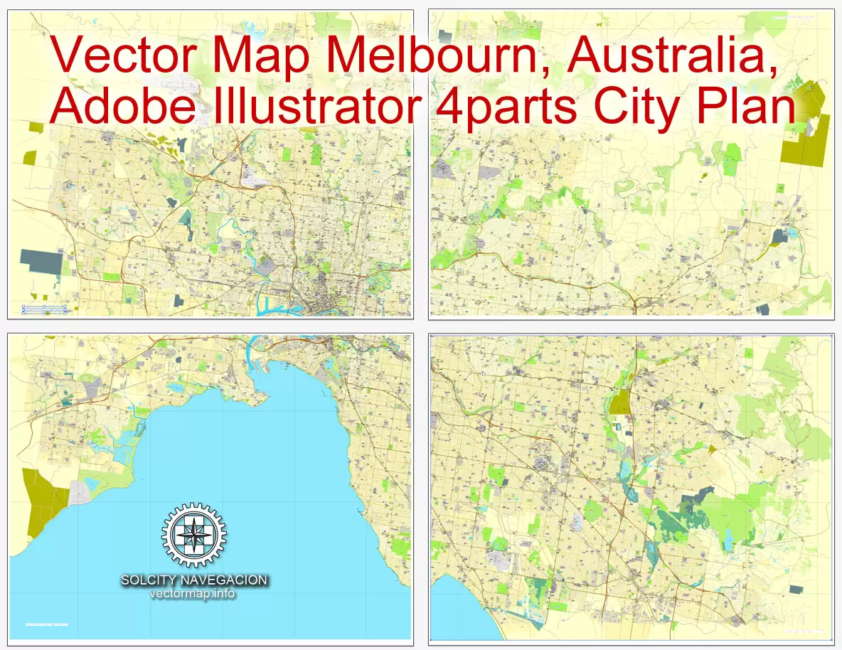 Map vector Melbourn, Australia, printable vector street 4 parts City Plan map, full editable, Adobe illustrator Map for design, print, arts, projects, presentations, for architects, designers and builders