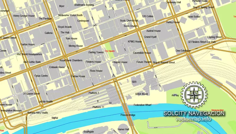 Map vector Melbourn, Australia, printable vector street 4 parts City Plan map, full editable, Adobe illustrator Map for design, print, arts, projects, presentations, for architects, designers and builders