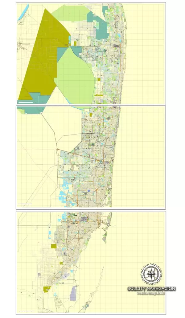 Vector map Miami, Florida, US printable vector street City Plan map 3 parts, full editable, Adobe Illustrator