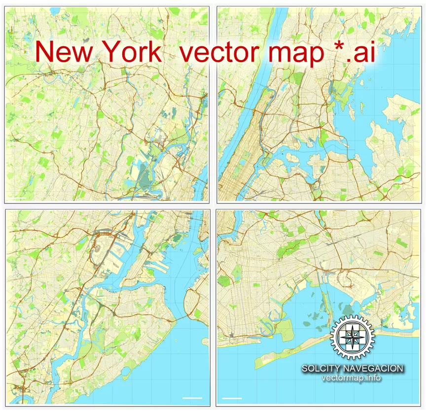 Map vector New York Grande Map, US printable vector street City Plan 4 parts map, full editable, Adobe Illustrator Map for design, print, arts, projects, presentations, for architects, designers and builders