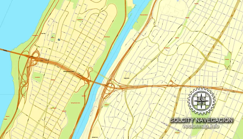 Map vector New York Grande Map, US printable vector street City Plan 4 parts map, full editable, Adobe Illustrator Map for design, print, arts, projects, presentations, for architects, designers and builders