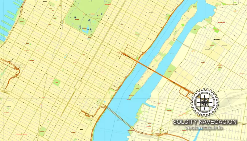 Map vector New York Grande Map, US printable vector street City Plan 4 parts map, full editable, Adobe Illustrator Map for design, print, arts, projects, presentations, for architects, designers and builders