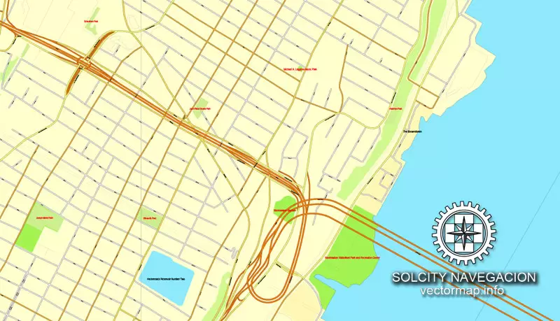 Map vector New York Grande Map, US printable vector street City Plan 4 parts map, full editable, Adobe Illustrator Map for design, print, arts, projects, presentations, for architects, designers and builders