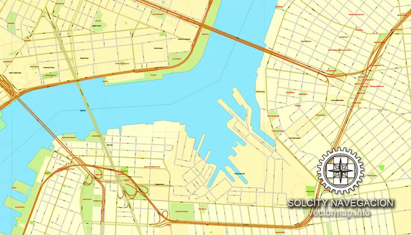 Map vector New York Grande Map, US printable vector street City Plan 4 parts map, full editable, Adobe Illustrator Map for design, print, arts, projects, presentations, for architects, designers and builders