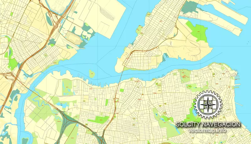 Map vector New York Grande Map, US printable vector street City Plan 4 parts map, full editable, Adobe Illustrator Map for design, print, arts, projects, presentations, for architects, designers and builders