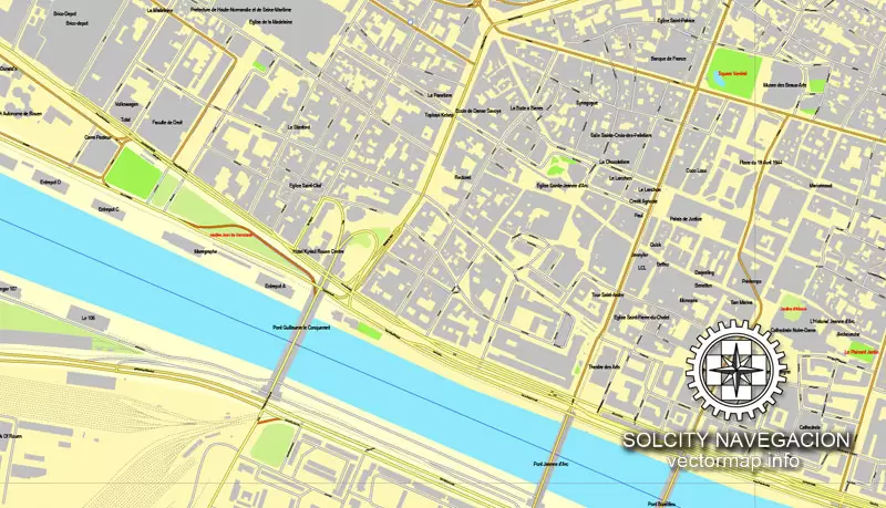 Map vector Rouen, France printable vector street City Plan map, full editable, Adobe Illustrator Map for design, print, arts, projects, presentations, for architects, designers and builders