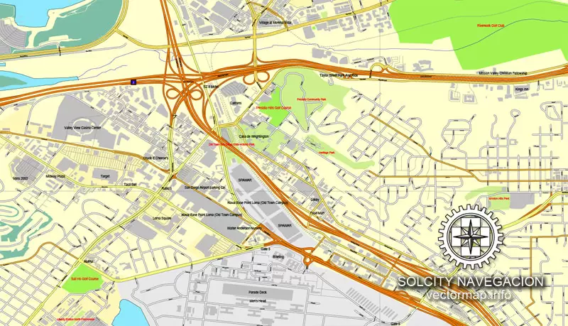 Map vector San Diego + Tijuana, California, US/MX printable vector street City Plan 2 parts map, full editable, Adobe Illustrator Map for design, print, arts, projects, presentations, for architects, designers and builders