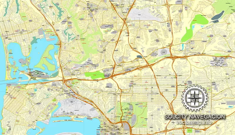 Map vector San Diego + Tijuana, California, US/MX printable vector street City Plan 2 parts map, full editable, Adobe Illustrator Map for design, print, arts, projects, presentations, for architects, designers and builders