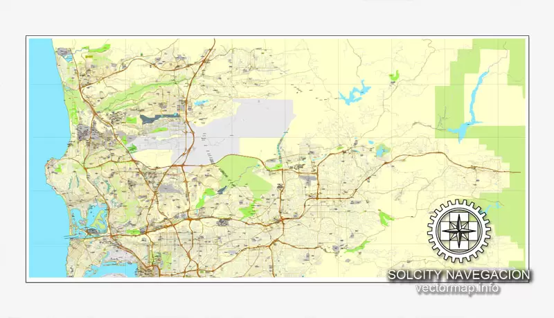 Map vector San Diego + Tijuana, California, US/MX printable vector street City Plan 2 parts map, full editable, Adobe Illustrator Map for design, print, arts, projects, presentations, for architects, designers and builders