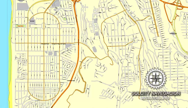Map vector San Diego + Tijuana, California, US/MX printable vector street City Plan 2 parts map, full editable, Adobe Illustrator Map for design, print, arts, projects, presentations, for architects, designers and builders