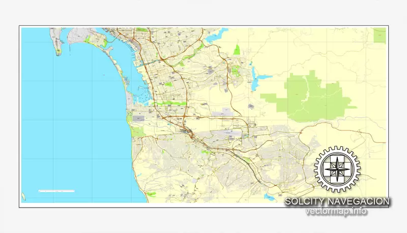 Map vector San Diego + Tijuana, California, US/MX printable vector street City Plan 2 parts map, full editable, Adobe Illustrator Map for design, print, arts, projects, presentations, for architects, designers and builders
