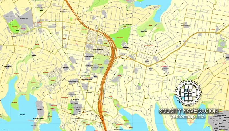 Map vector Sydney, Australia, printable vector street 4 parts City Plan map, full editable, Adobe illustrator Map for design, print, arts, projects, presentations, for architects, designers and builders