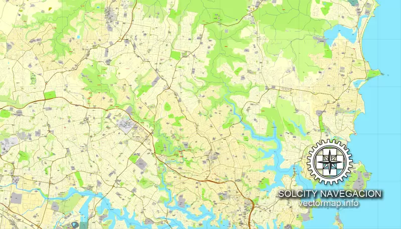 Map vector Sydney, Australia, printable vector street 4 parts City Plan map, full editable, Adobe illustrator Map for design, print, arts, projects, presentations, for architects, designers and builders