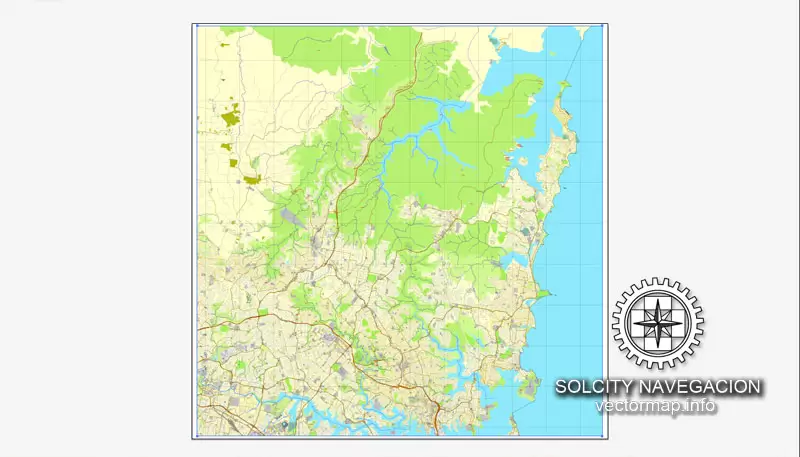 Map vector Sydney, Australia, printable vector street 4 parts City Plan map, full editable, Adobe illustrator Map for design, print, arts, projects, presentations, for architects, designers and builders