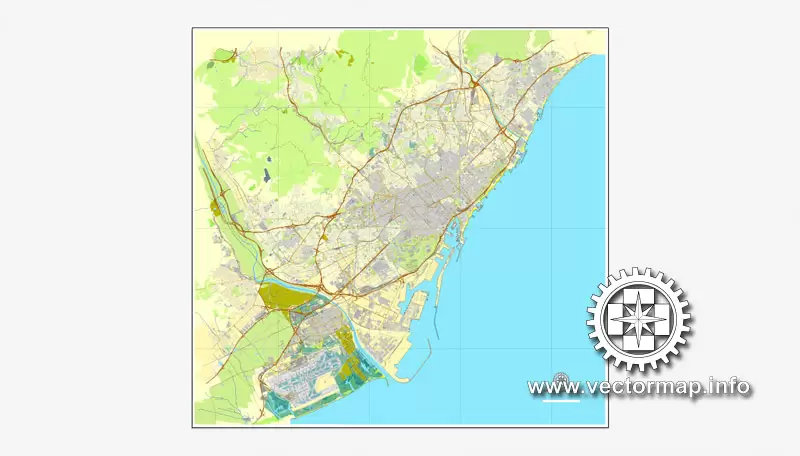 Map vector Barcelona, España, calle de vectores mapa imprimible Plan de la ciudad, lleno, Adobe Illustrator editable Map for design, print, arts, projects, presentations, for architects, designers and builders