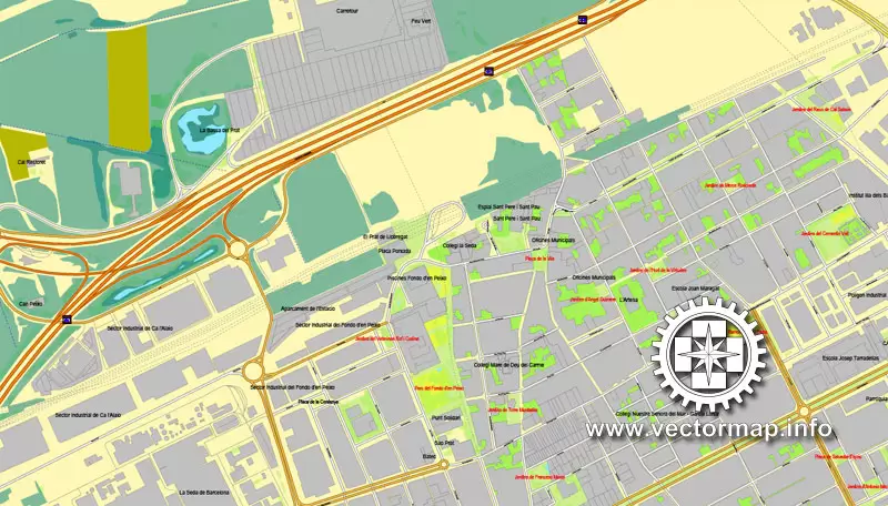 Map vector Barcelona, España, calle de vectores mapa imprimible Plan de la ciudad, lleno, Adobe Illustrator editable Map for design, print, arts, projects, presentations, for architects, designers and builders