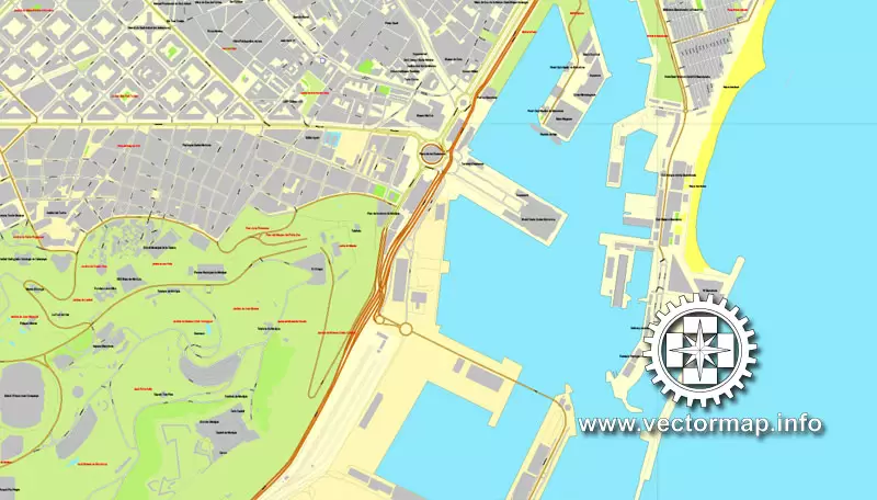 Map vector Barcelona, España, calle de vectores mapa imprimible Plan de la ciudad, lleno, Adobe Illustrator editable Map for design, print, arts, projects, presentations, for architects, designers and builders