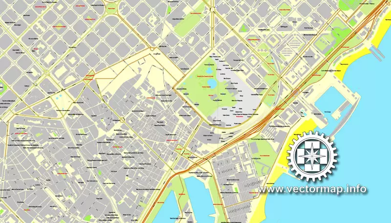Map vector Barcelona, España, calle de vectores mapa imprimible Plan de la ciudad, lleno, Adobe Illustrator editable Map for design, print, arts, projects, presentations, for architects, designers and builders