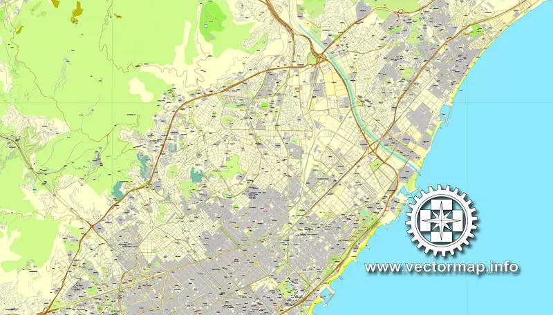 Map vector Barcelona, España, calle de vectores mapa imprimible Plan de la ciudad, lleno, Adobe Illustrator editable Map for design, print, arts, projects, presentations, for architects, designers and builders