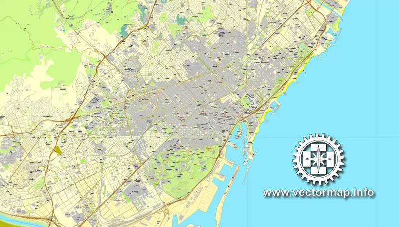 Map vector Barcelona, España, calle de vectores mapa imprimible Plan de la ciudad, lleno, Adobe Illustrator editable Map for design, print, arts, projects, presentations, for architects, designers and builders