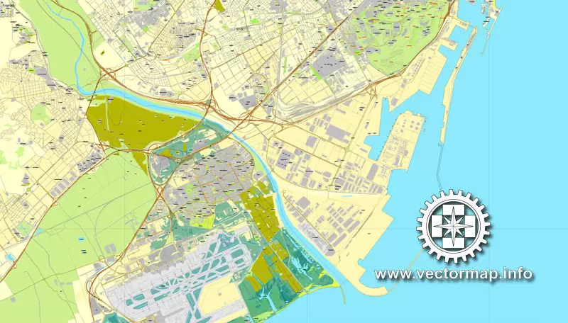 Map vector Barcelona, España, calle de vectores mapa imprimible Plan de la ciudad, lleno, Adobe Illustrator editable Map for design, print, arts, projects, presentations, for architects, designers and builders