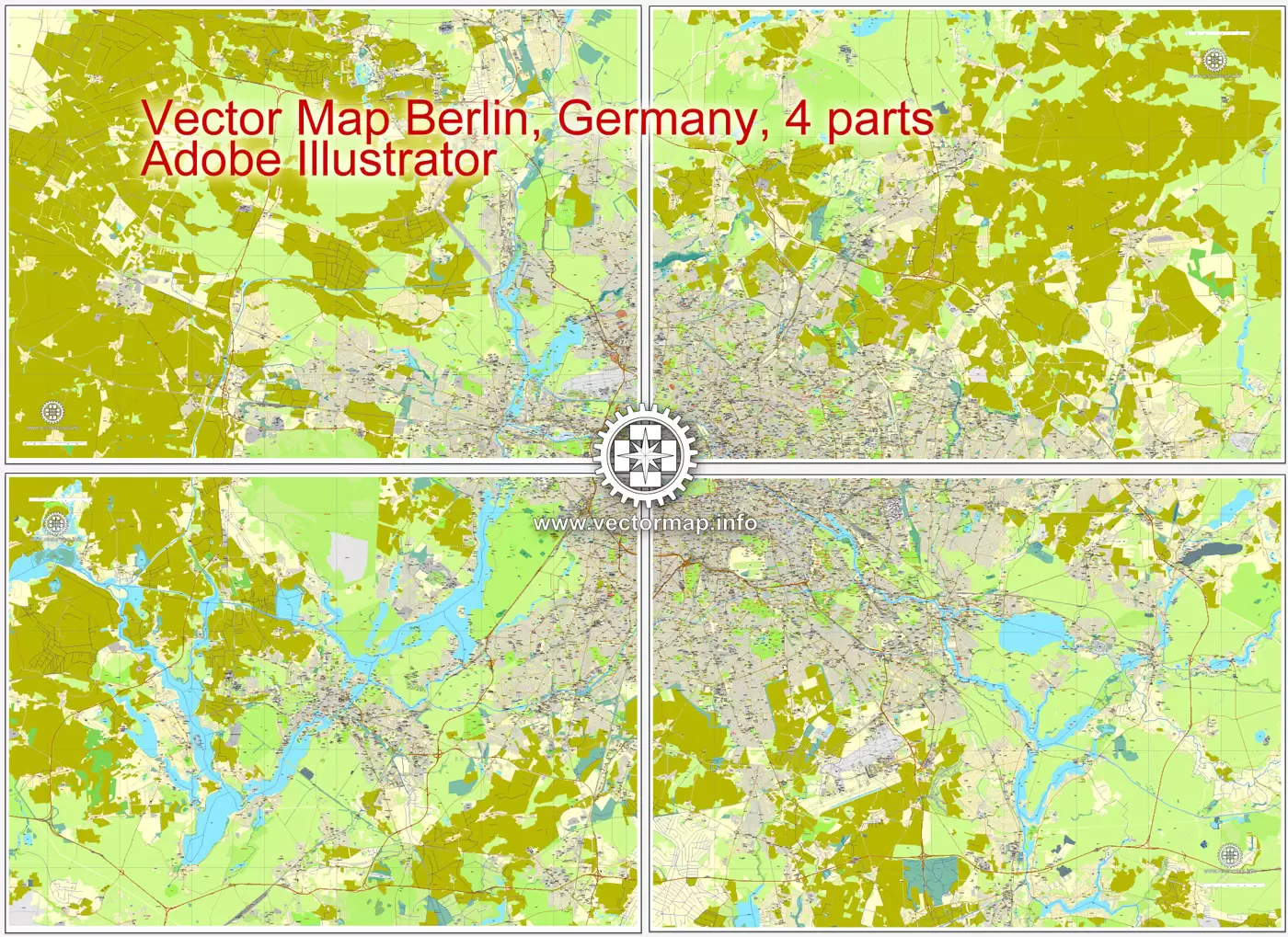 Map vector Berlin, Germany, printable vector street City Plan map in 4 parts, full editable, Adobe illustrator Map for design, print, arts, projects, presentations, for architects, designers and builders