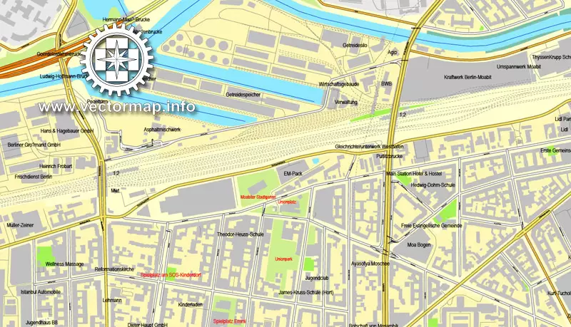 Map vector Berlin, Germany, printable vector street City Plan map in 4 parts, full editable, Adobe illustrator Map for design, print, arts, projects, presentations, for architects, designers and builders