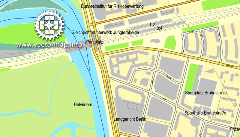 Map vector Berlin, Germany, printable vector street City Plan map in 4 parts, full editable, Adobe illustrator Map for design, print, arts, projects, presentations, for architects, designers and builders