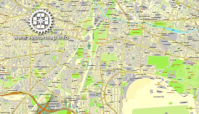 Map vector Berlin, Germany, printable vector street City Plan map in 4 parts, full editable, Adobe illustrator Map for design, print, arts, projects, presentations, for architects, designers and builders