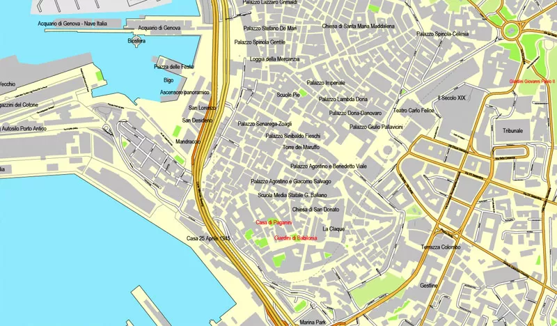 Genova / Genoa, Italy, printable vector street map City Plan, full editable, Adobe Illustrator, Royalty free, full vector, scalable, editable, text format street names
