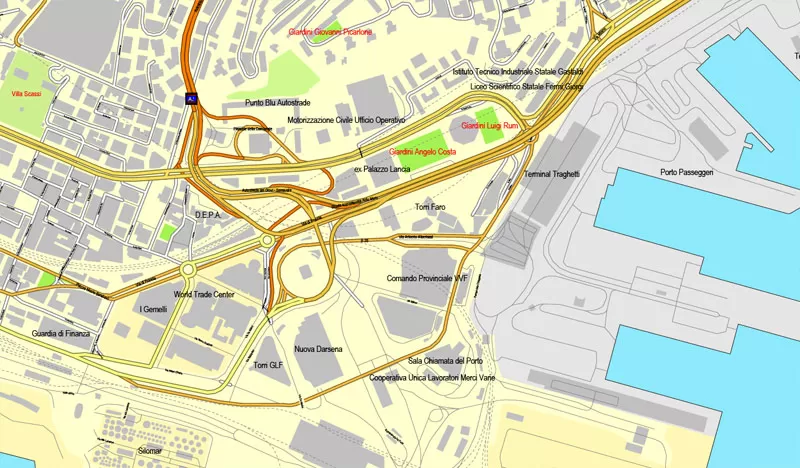 Genova / Genoa, Italy, printable vector street map City Plan, full editable, Adobe Illustrator, Royalty free, full vector, scalable, editable, text format street names