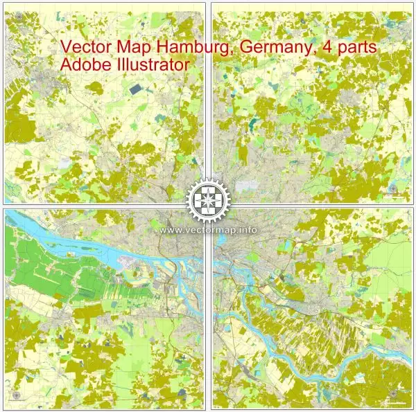 Hamburg, Deutschland, Straße druckbare Vektorkarte Stadtplan in 4 Teile, voll editierbar, Adobe Illustrator, voll Vektor, skalierbare, editierbare, Textformat Straßennamen , 41,1 mb ZIP Alle Straßen, alle Gebäude. Karte für Design, Druck, Kunst, Projekte, Präsentationen, für Architekten, Planer und Bauherren.