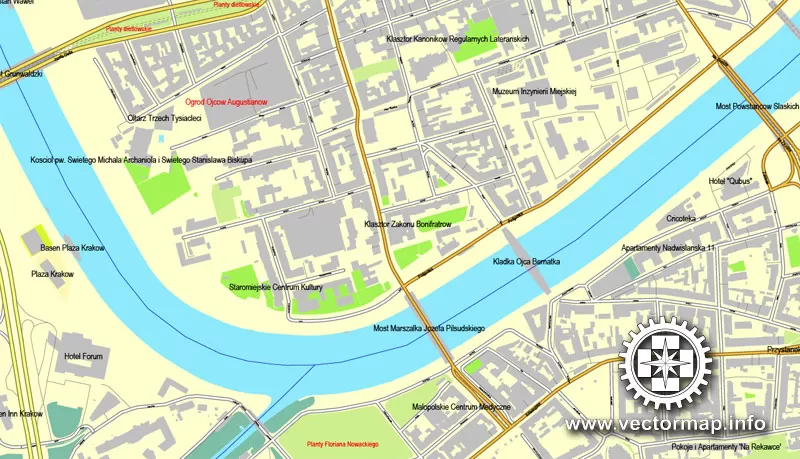 Krakow, Poland, printable vector street map, City Plan, full editable, Adobe Illustrator, Royalty free, full vector, scalable, editable, text format street names