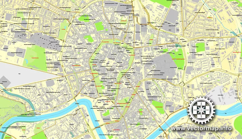 Krakow, Poland, printable vector street map, City Plan, full editable, Adobe Illustrator, Royalty free, full vector, scalable, editable, text format street names