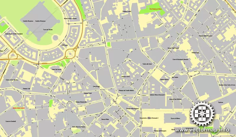Milan / Milano, Italy, printable vector street map, 4 parts City Plan, full editable, Adobe Illustrator, Royalty free, full vector, scalable, editable, text format street names,