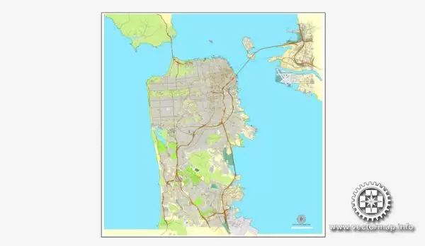Map vector San Francisco, version 2, map, California, US, printable, vector street, City Plan map, full editable, Adobe Illustrator, full vector Map for design, print, arts, projects, presentations, for architects, designers and builders